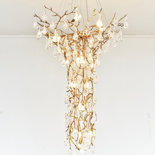 MEEROSEE Modern Hotel Large Tree Branch Chandelier Brass Hanging Light Fixture Crystal Long Chandelier for High Ceiling MD87001