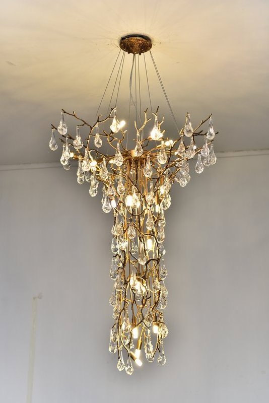 MEEROSEE Modern Hotel Large Tree Branch Chandelier Brass Hanging Light Fixture Crystal Long Chandelier for High Ceiling MD87001