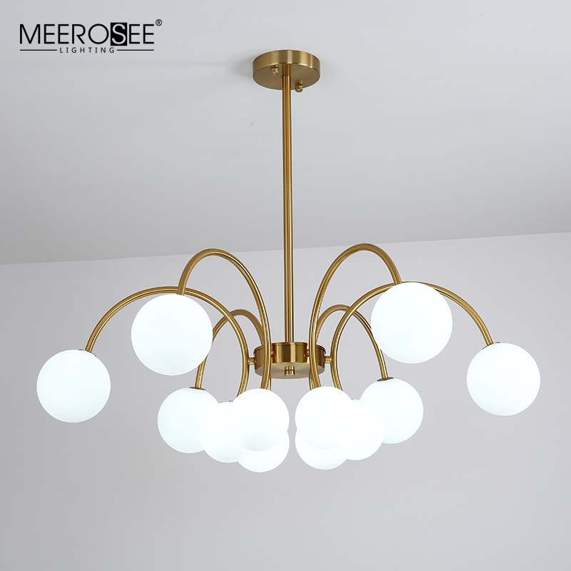 MEEROSEE New Modern Gold Lamp Suspension Lighting Fixture White Glass Ball Pendant Lights for Living Room MD85716