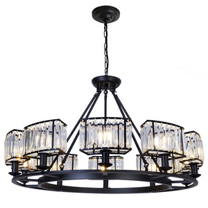 MEEROSEE Contemporary Metal Wheel Chandelier Crystal Shade Matte Black Finish Round Pendant Lights for Living room Foyer MD8812