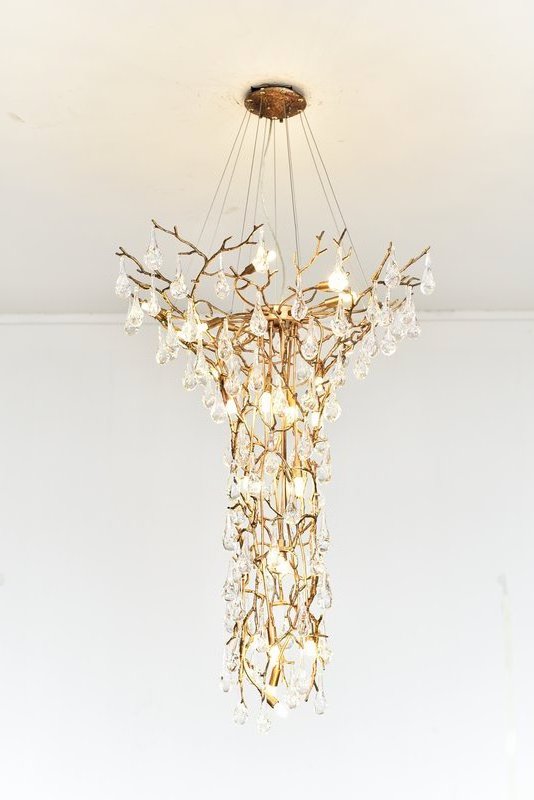 MEEROSEE Modern Hotel Large Tree Branch Chandelier Brass Hanging Light Fixture Crystal Long Chandelier for High Ceiling MD87001