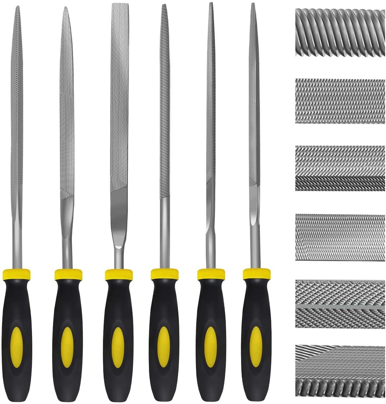 6 PCS Needle File Set Hardened Alloy Strength Steel Set Includes Flat, Flat Warding, Square, Triangular and Half-Round File