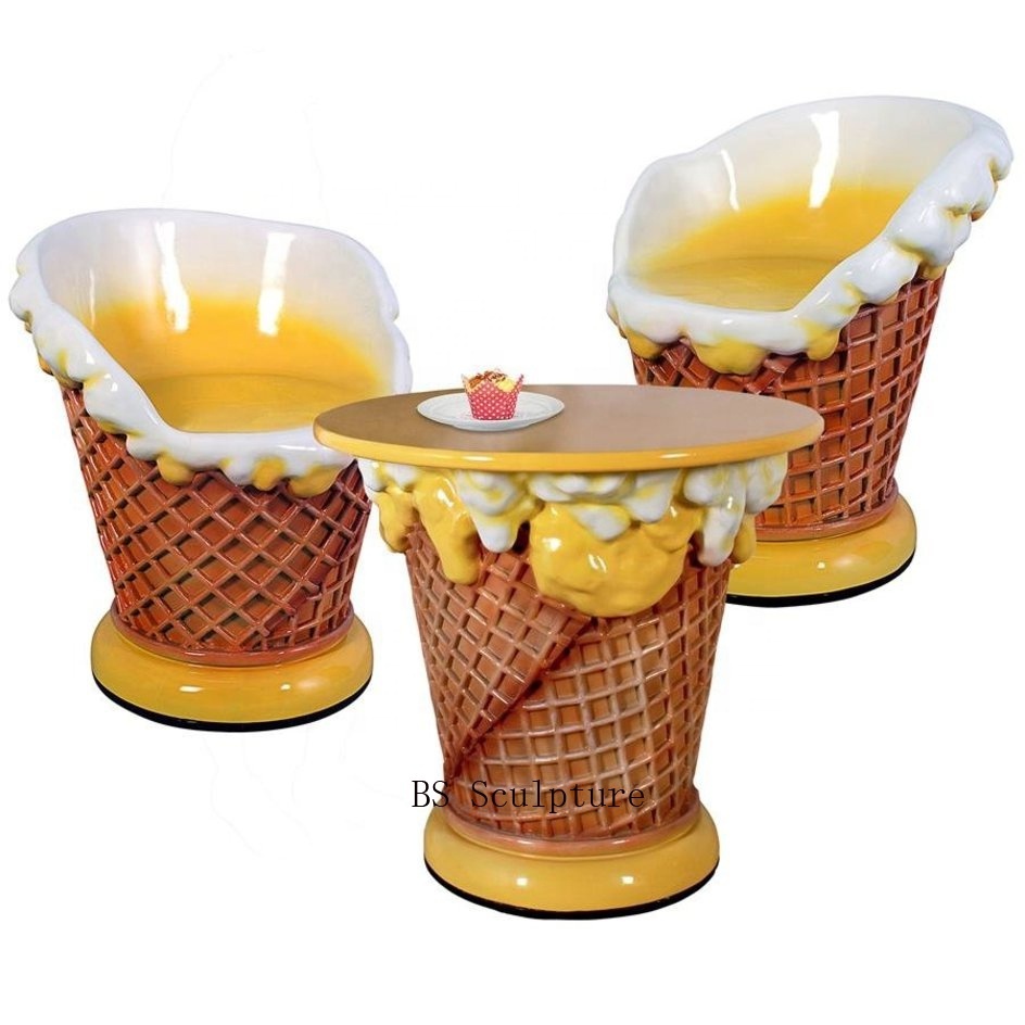 High quality modern fashionable cartoon tables and chairs fiberglass ice cream amusement park sculpture