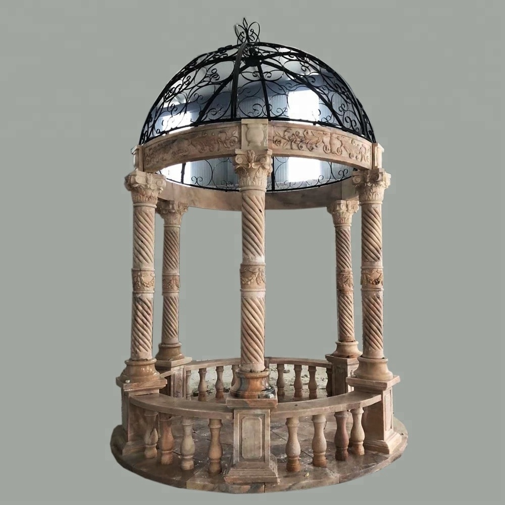 Victorian round marble gazebo with metal roof and columns for sale