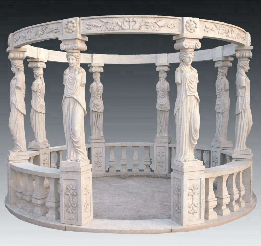 Victorian round marble gazebo with metal roof and columns for sale