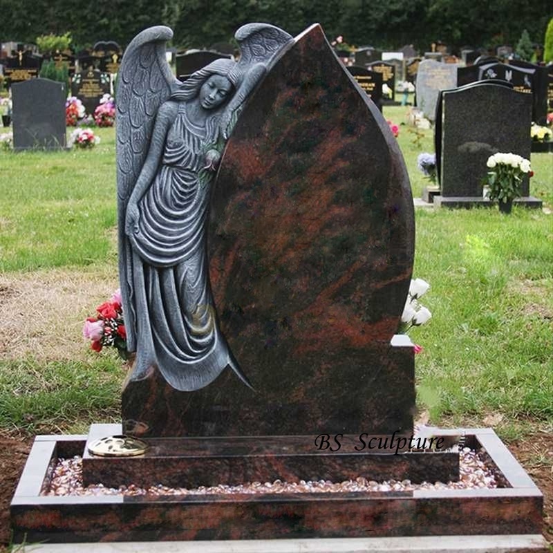 Cheap carved black granite headstone marble angel wings tombstone for graves