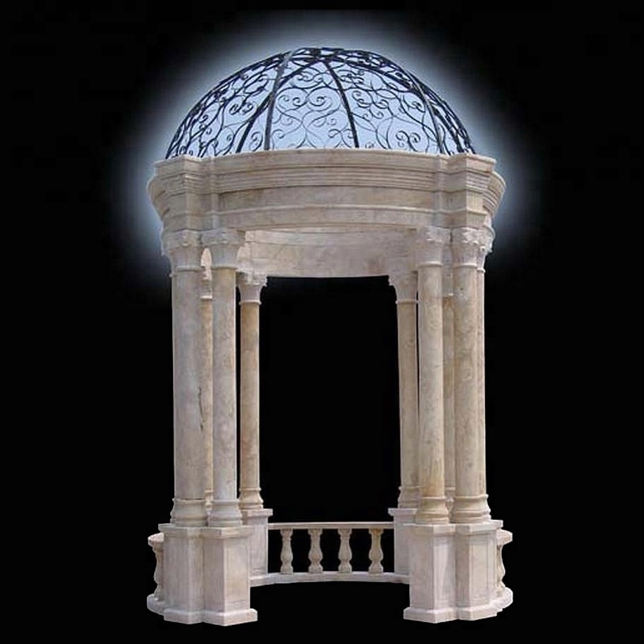 Victorian round marble gazebo with metal roof and columns for sale