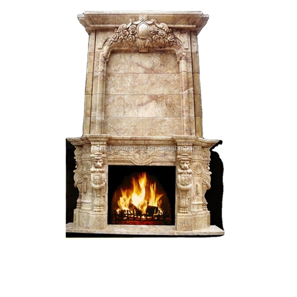 Large Double Marble Electric Fireplace with Lion Statues