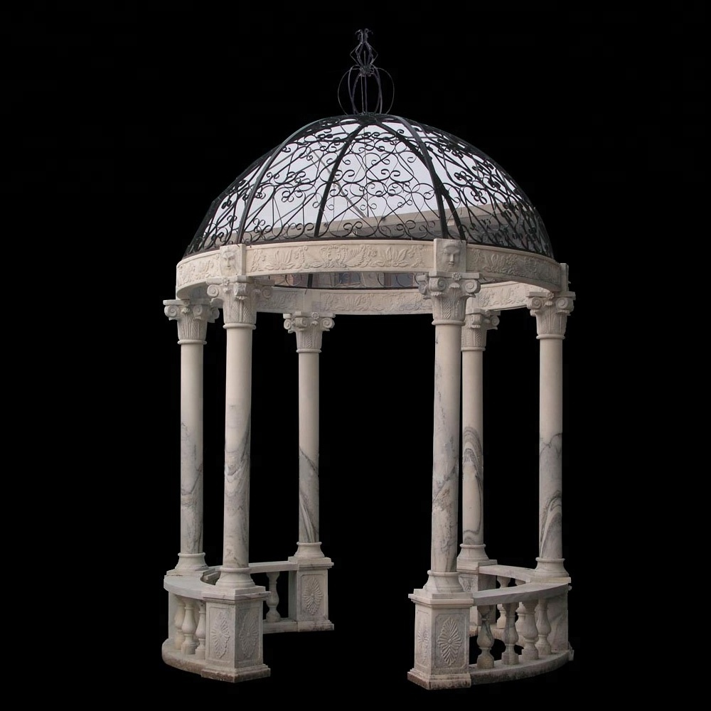 Victorian round marble gazebo with metal roof and columns for sale