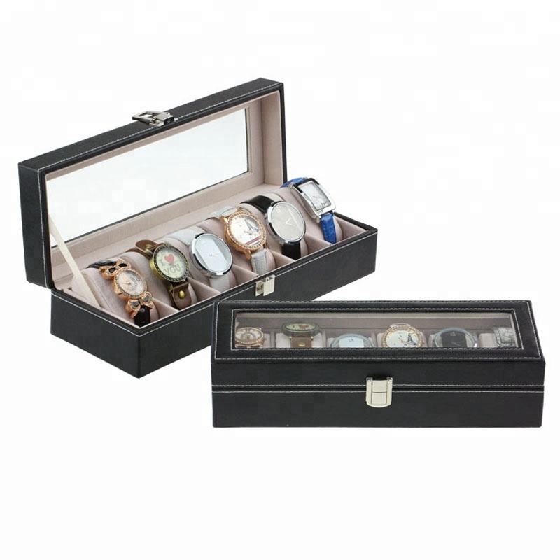 Wholesale Luxury Watches Display Cases Handmade Leather Watch Box 6 Slot With Window