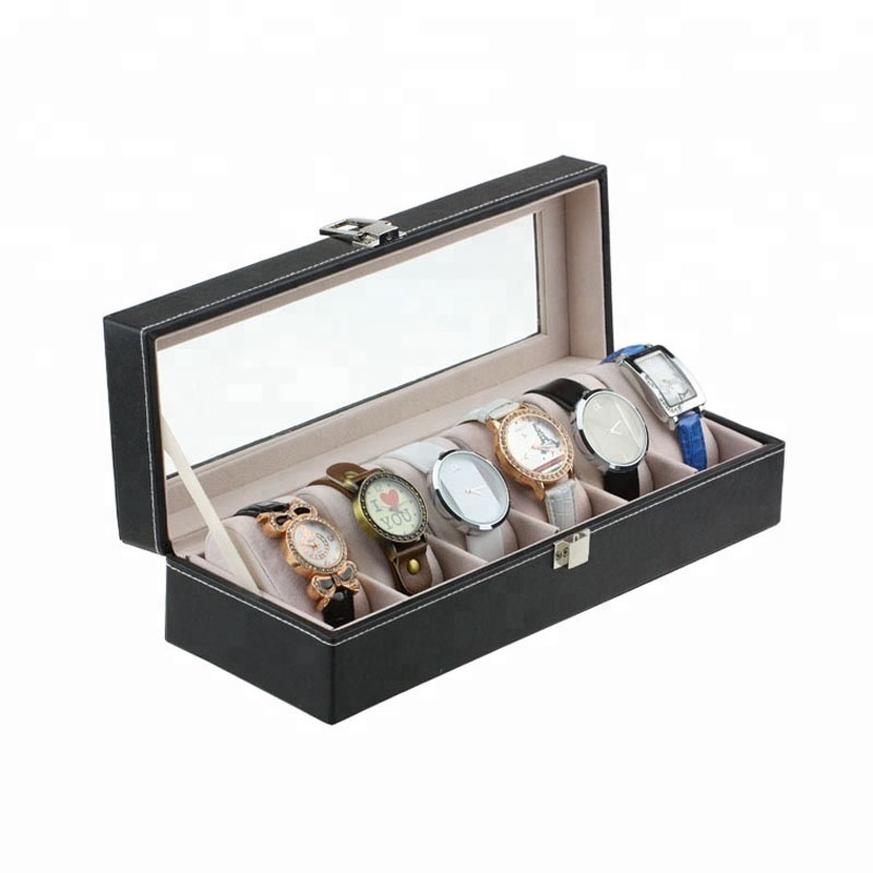 Wholesale Luxury Watches Display Cases Handmade Leather Watch Box 6 Slot With Window