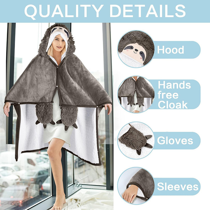 China Factory Sloth Wearable Hooded Blanket For Adult Super Soft Warm Cozy Plush Flannel Hoodie Cloak Wrap Winter Sherpa Blanket