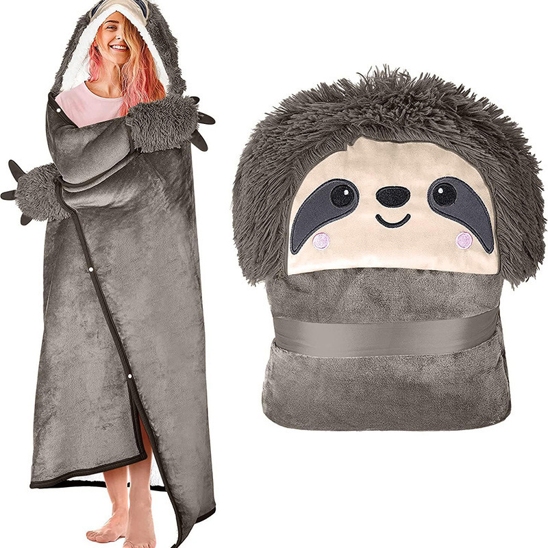 China Factory Sloth Wearable Hooded Blanket For Adult Super Soft Warm Cozy Plush Flannel Hoodie Cloak Wrap Winter Sherpa Blanket