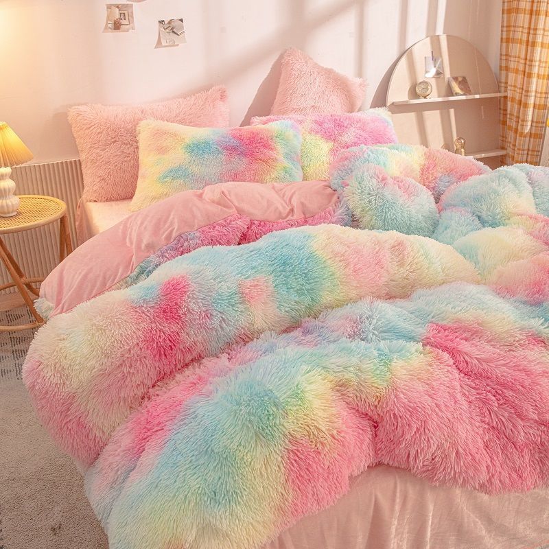 High Quality Luxury Rainbow Color Faux Fur Velvet Fluffy Plush Soft Bedding Sets Collections 4 Pieces Warm For Home Winter