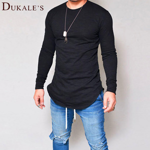 Dukale's dry hip hop gym solid color men scallop bottom blank men tshirt tri blended curved hem long length t shirt for man