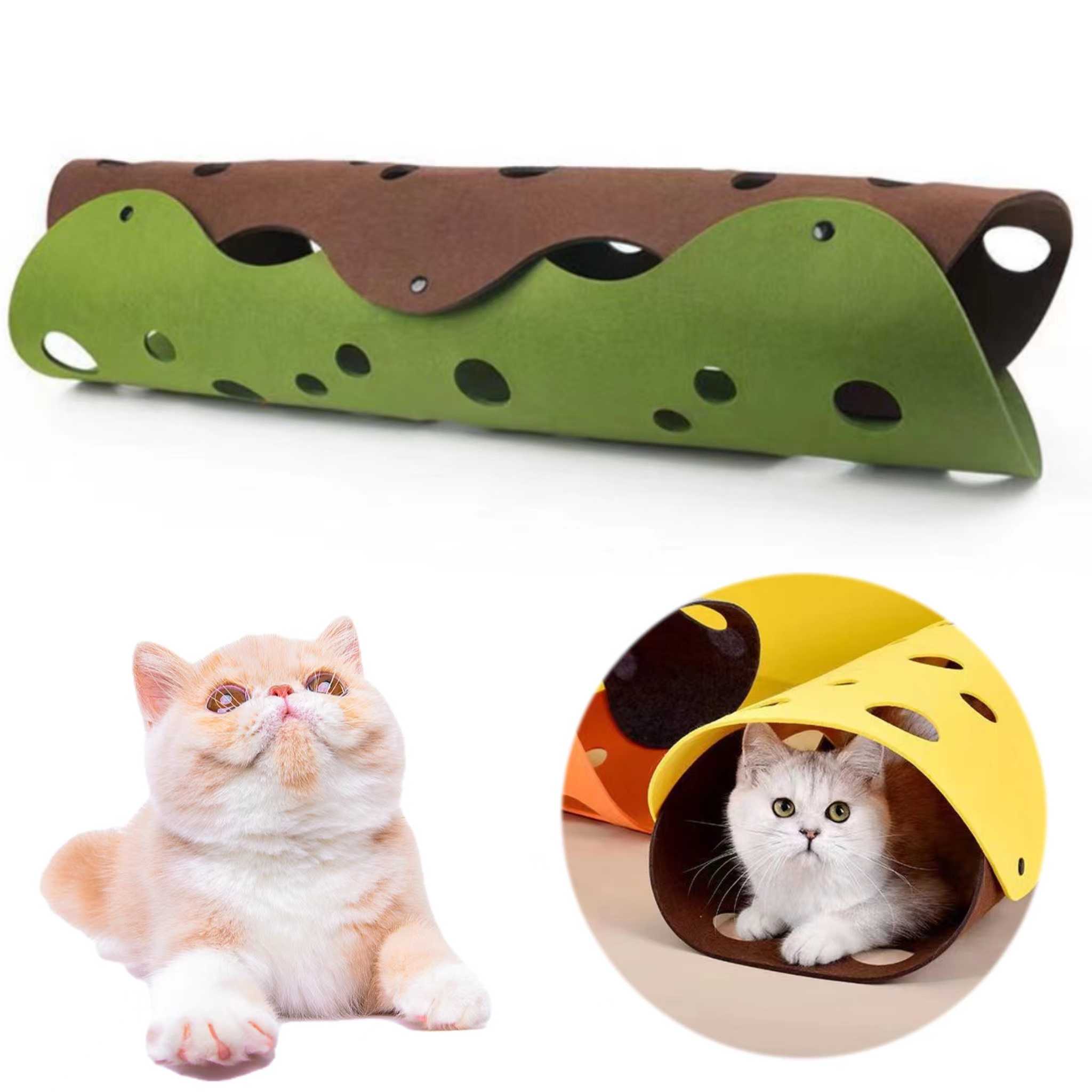 Cat Tunnels Bed Foldable Pet Tunnel Tube Bed with Holes DIY Cats Play Mat Activity Rug Toy for Interactive/Exercise Felt Cloth