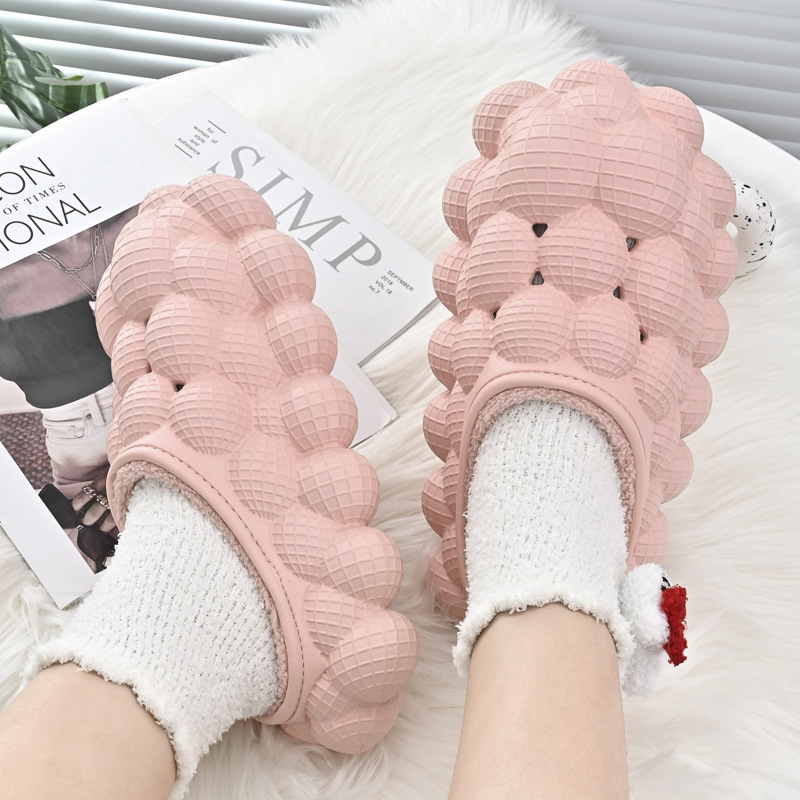 Women Winter Bubble Slides Couples Flip Flops Indoor Soft EVA Waterproof Shoes Massage Warm Fur Slippers