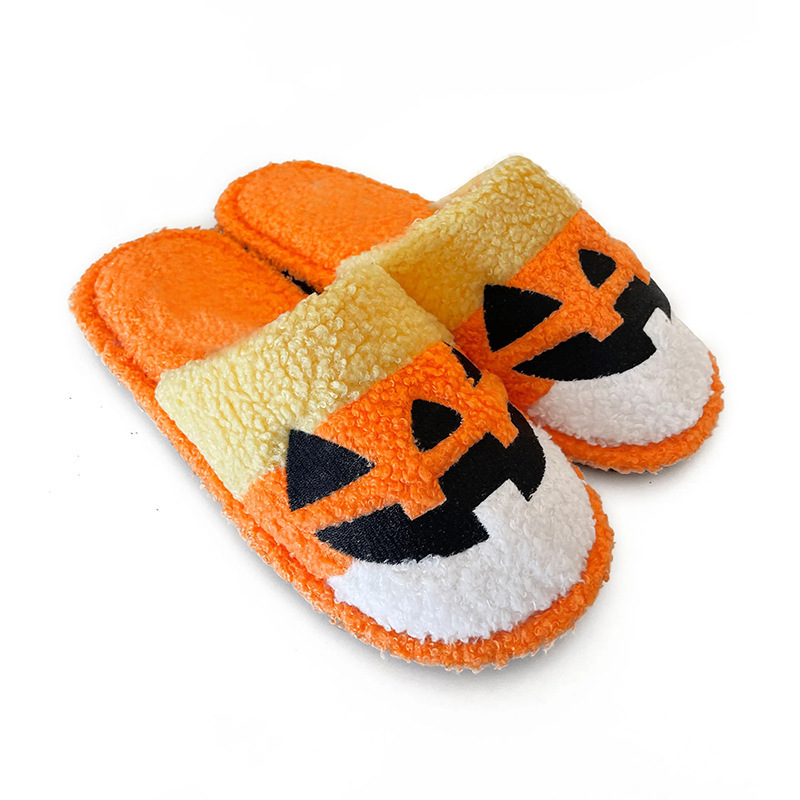 2023 New Cotton Warm Plush Fuzzy House Winter Home Fluffy Fashion Fur Halloween Pumpkin Candy Corn Jack O Lantern Slippers