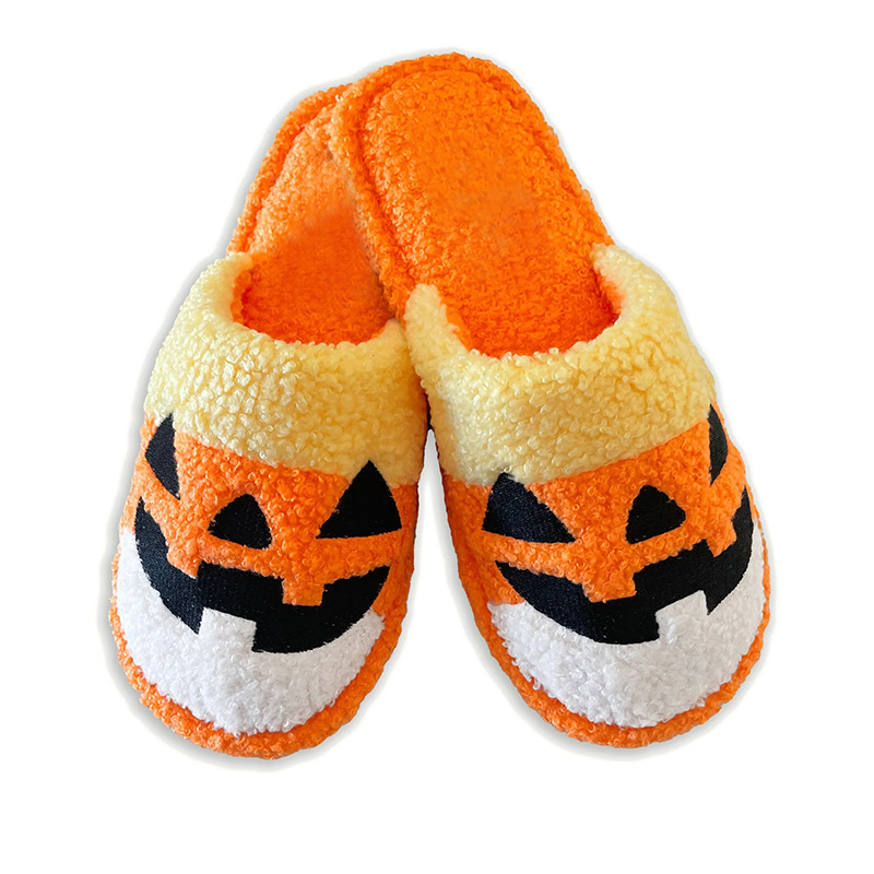 2023 New Cotton Warm Plush Fuzzy House Winter Home Fluffy Fashion Fur Halloween Pumpkin Candy Corn Jack O Lantern Slippers