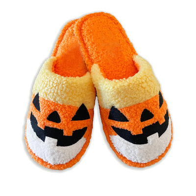 2023 New Cotton Warm Plush Fuzzy House Winter Home Fluffy Fashion Fur Halloween Pumpkin Candy Corn Jack O Lantern Slippers