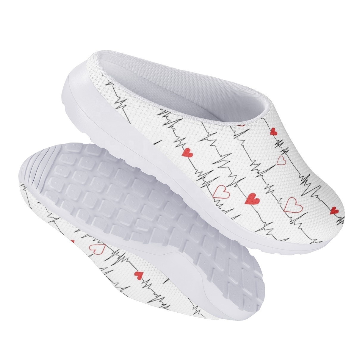 Women Heart Health Pattern Printing Nursing Clogs Medical Flat Shoes