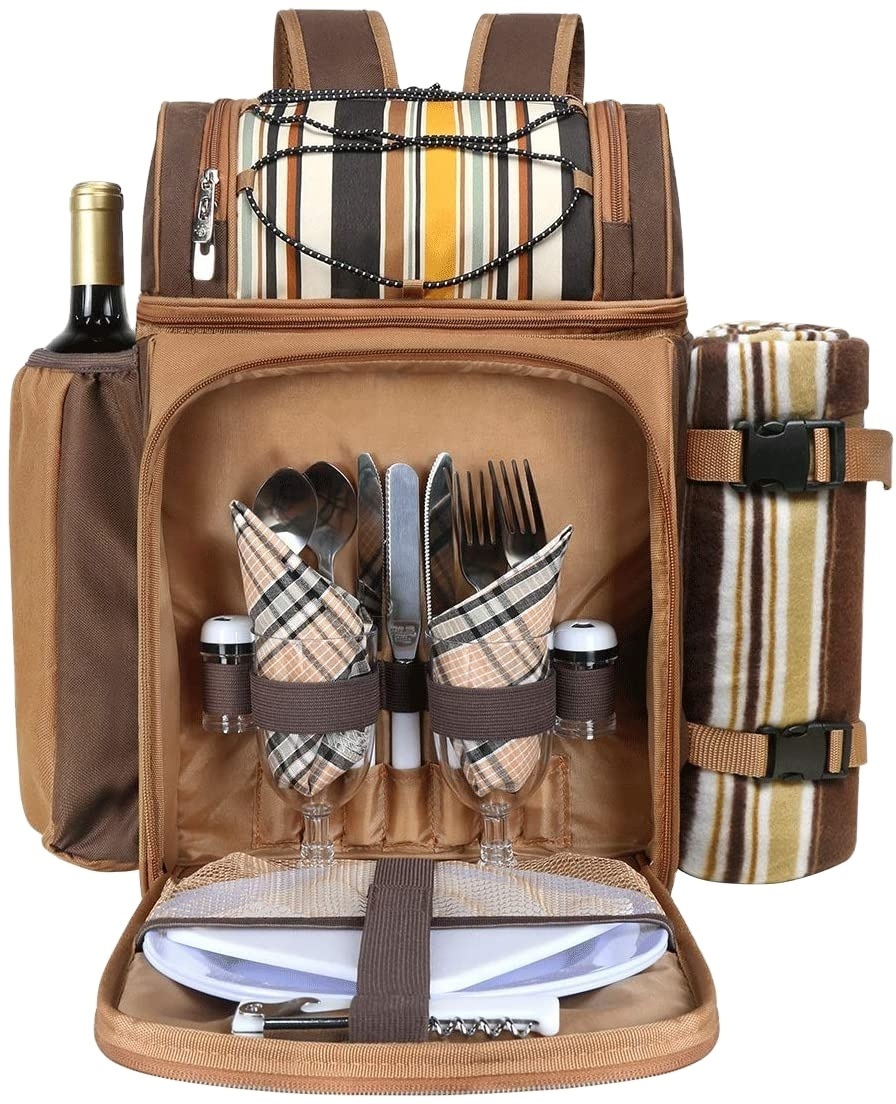 Picnic Backpack Bag for 2&4 Person with Insulated Cooler Compartment, Detachable Wine Holder