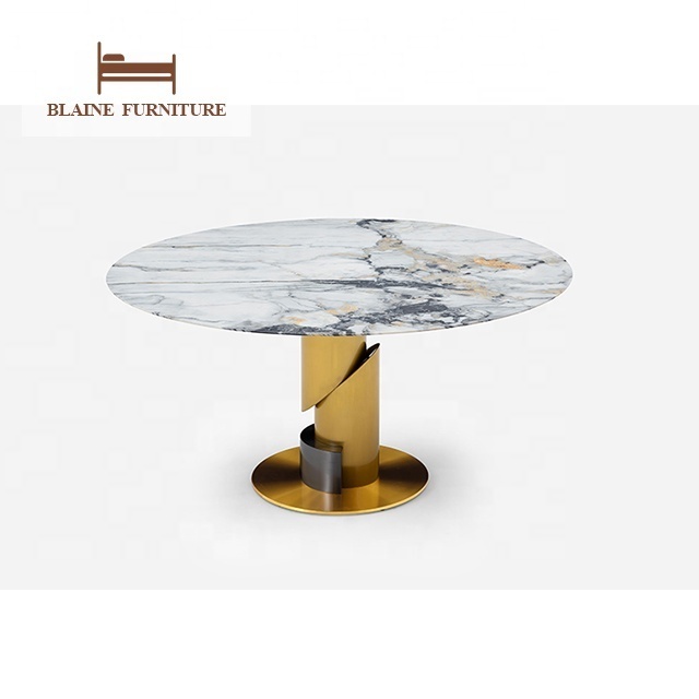 Modern Luxury Stainless Steel Titanium Natural Marble Round Dining Table 1.6m 1.8m Diameter