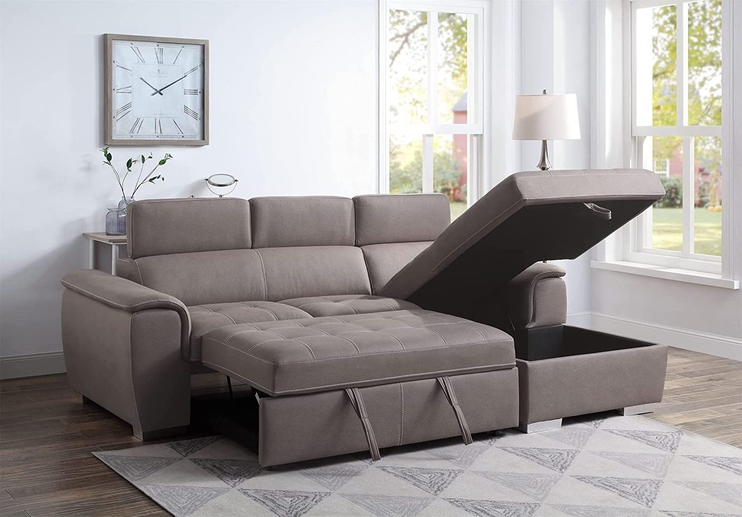 Upholstered Adjustable Headrest Loveseat Couch with Reversible Storage Chaise Lounge Sectional Sofa with Pull Out Bed