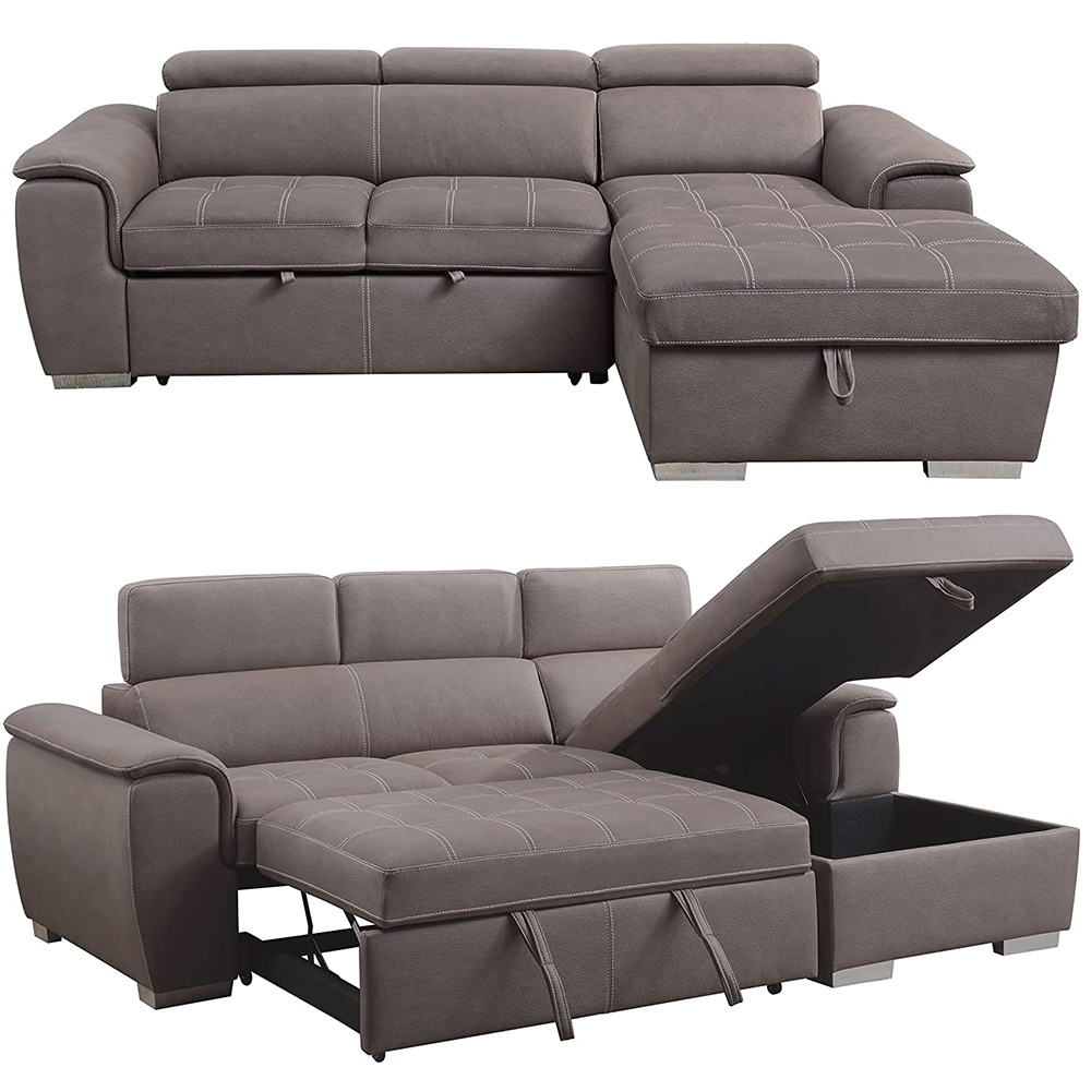 Upholstered Adjustable Headrest Loveseat Couch with Reversible Storage Chaise Lounge Sectional Sofa with Pull Out Bed