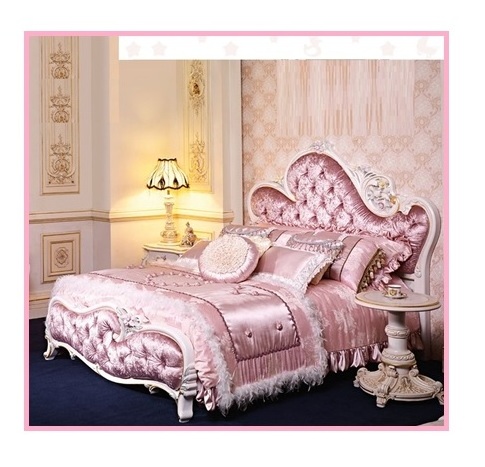 Antique Royal Pink Bedroom Furniture Wooden Carving Bed Set Design Luxury King Size Pink Princess Girls Bed