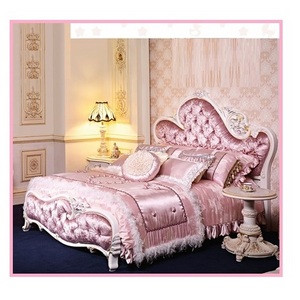 Antique Royal Pink Bedroom Furniture Wooden Carving Bed Set Design Luxury King Size Pink Princess Girls Bed