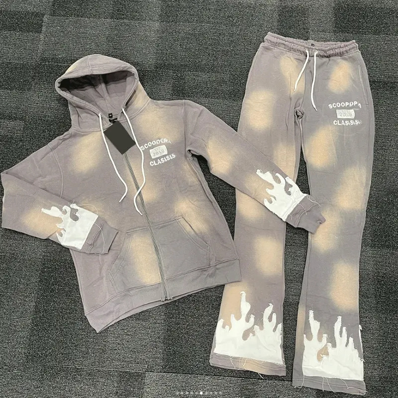 Sun Faded Acid Wash Tracksuit For Men Sweatsuit Sweatpants And Hoodie Set Custom Flame Applique Logo Streetwear French Terry Sun