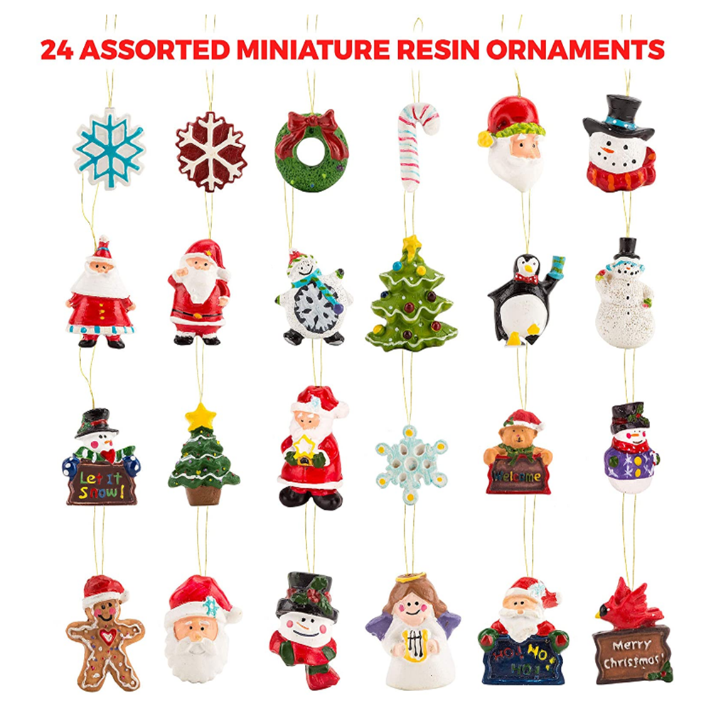 Set of 24 Rustic Christmas Decorations Small Miniature Christmas Tree Ornaments Santa Snowman Gingerbread Angel