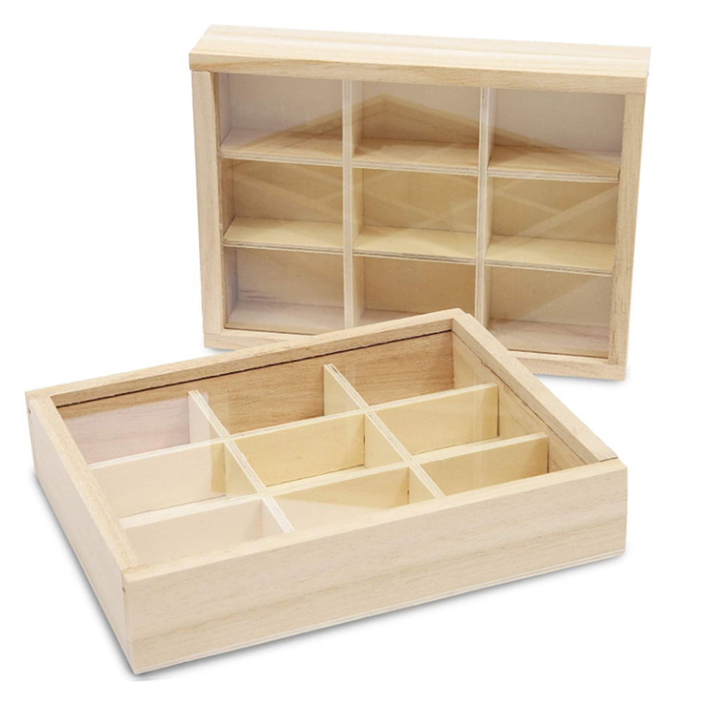 High quality customization Unfinished Wood Box with Lid Small 9 Compartment Storage Boxes Store small objects tea bags  gift box