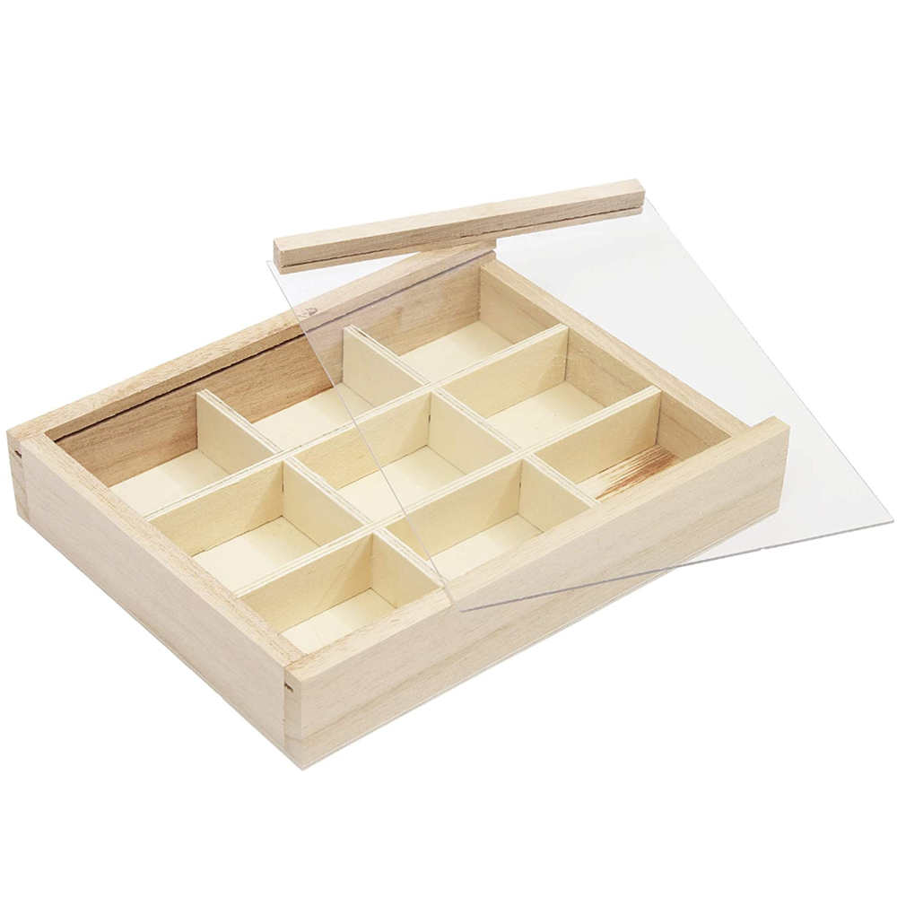 High quality customization Unfinished Wood Box with Lid Small 9 Compartment Storage Boxes Store small objects tea bags  gift box