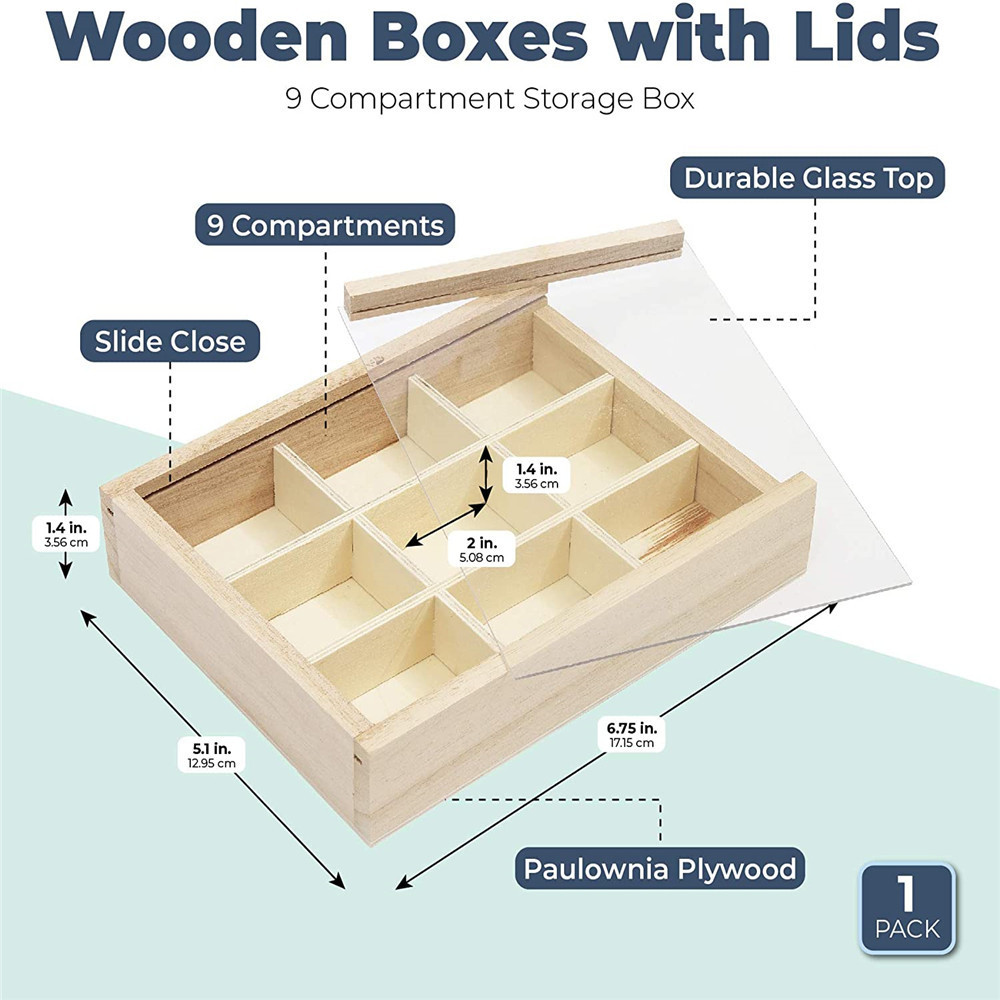 High quality customization Unfinished Wood Box with Lid Small 9 Compartment Storage Boxes Store small objects tea bags  gift box