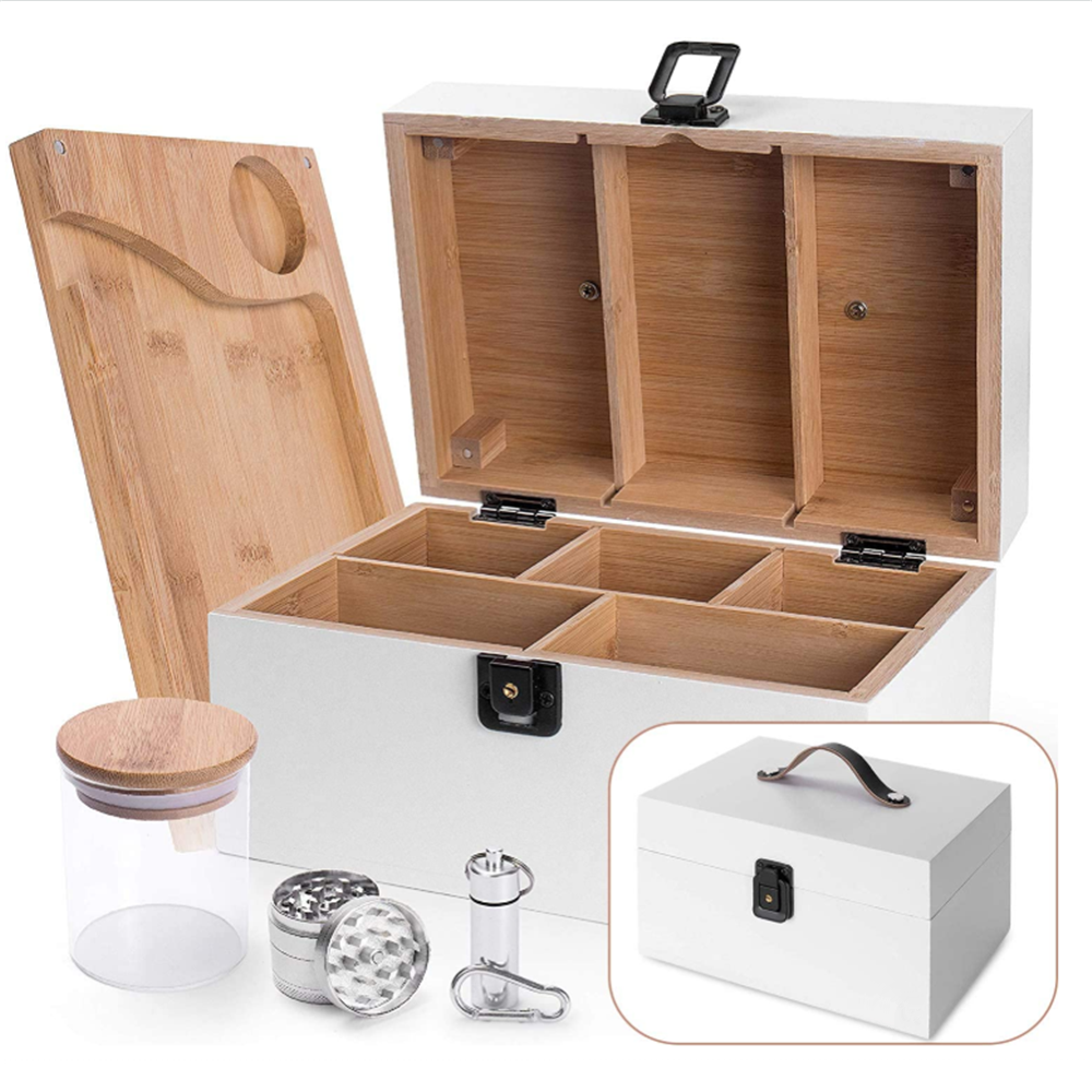 White Wooden Box with Leather Carrying Handle Stash Box Kit - Rolling Tray Jar and Grinder Smell Proof Box  Removable Dividers