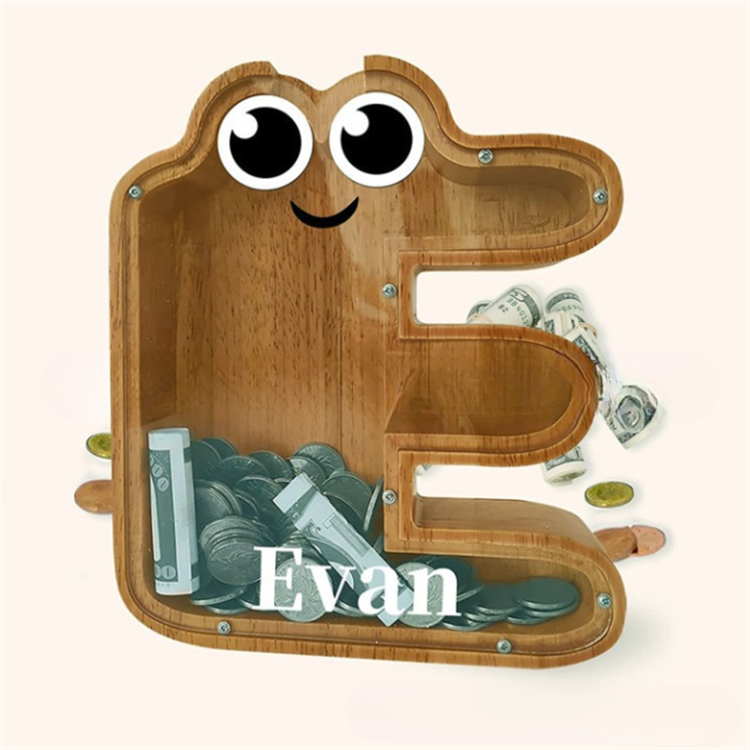 Large Wooden Piggy Bank for Kids  Alphabet Money Box with Personalized Alphabet Stickers