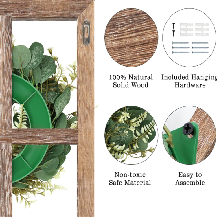 Rustic Window Pane with Green Leaves Wreaths Wood Farmhouse Wall Decor Window Frame with Wreath for Front Door Living Room