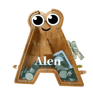 Large Wooden Piggy Bank for Kids  Alphabet Money Box with Personalized Alphabet Stickers