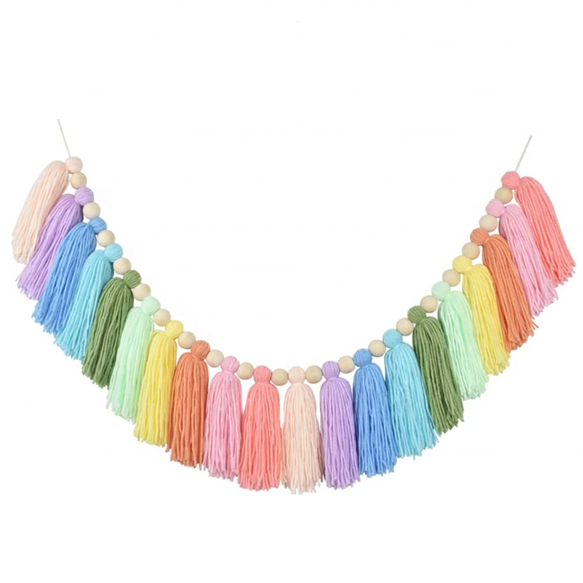 Rainbow Tassel Garland Colorful Pom Pom Garland Wood Bead Easter Spring Girls Bedroom Wall Classroom Nursery Party Room Decor