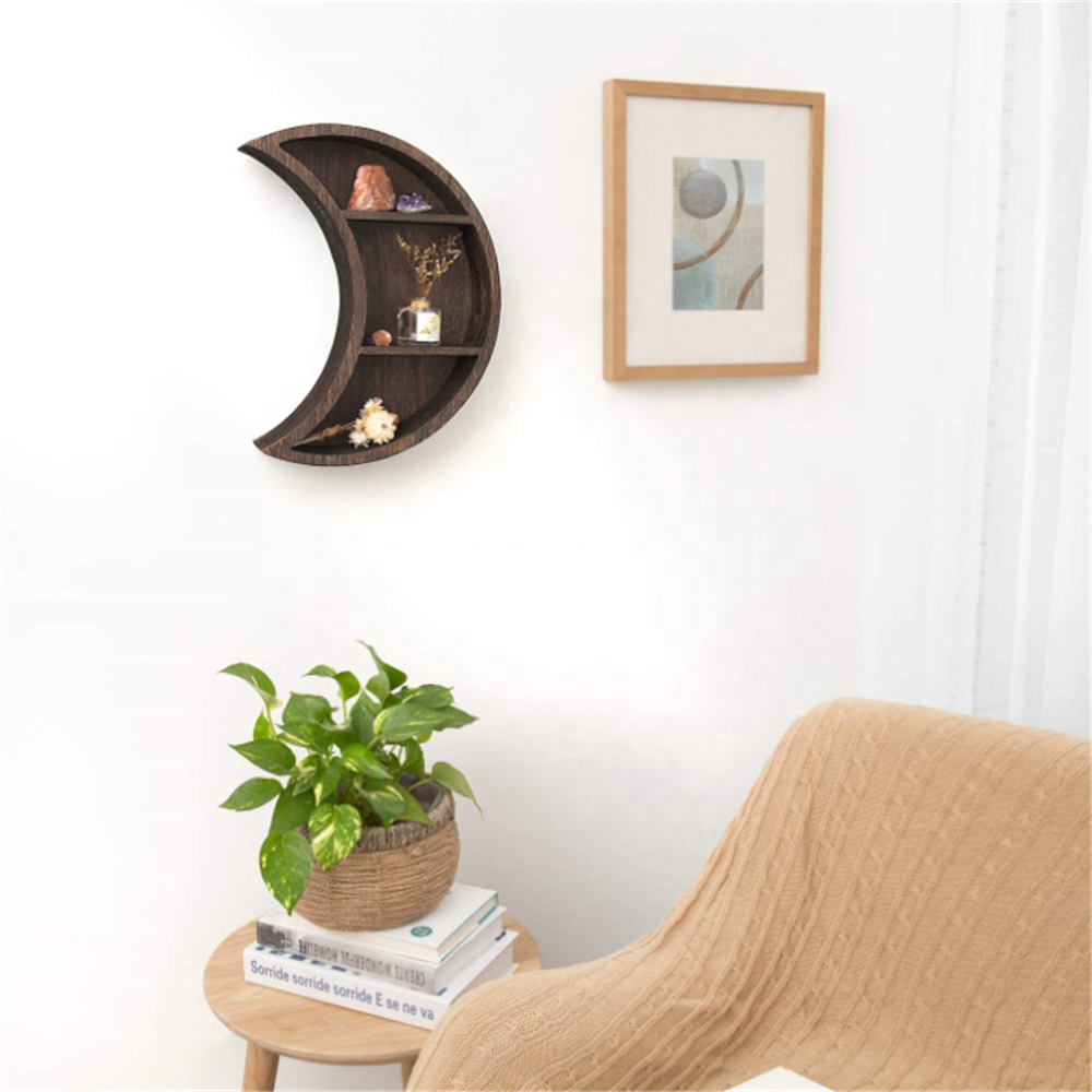 Novel design exquisite and elegant dark brown wooden moon shelf for living room bedroom bathroom