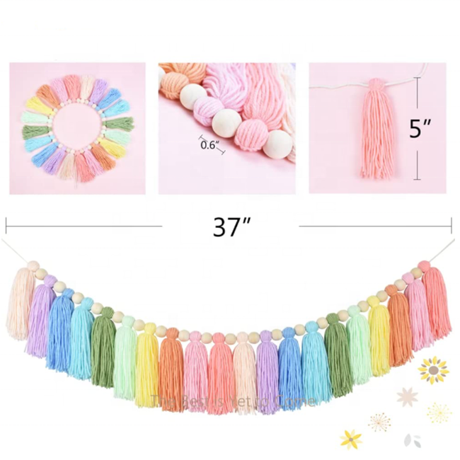 Rainbow Tassel Garland Colorful Pom Pom Garland Wood Bead Easter Spring Girls Bedroom Wall Classroom Nursery Party Room Decor