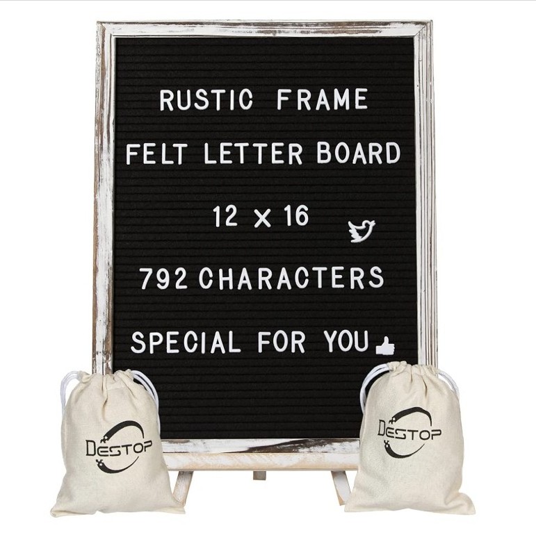 Felt Letter Board with Rustic Vintage Frame and Stand 12x16 inch,Black Changeable Letter and Message Board