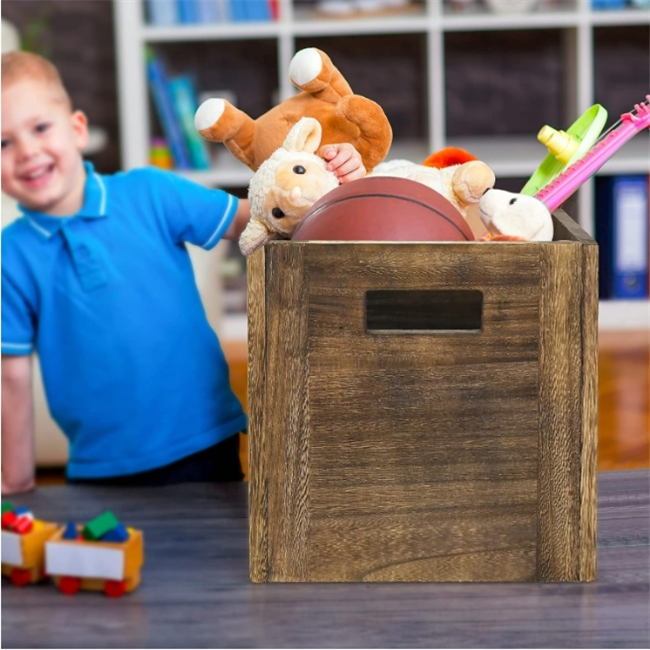 Wood Decorative Storage Cube Boxes with Handles Rustic Brown Large Storage Baskets For Shelves