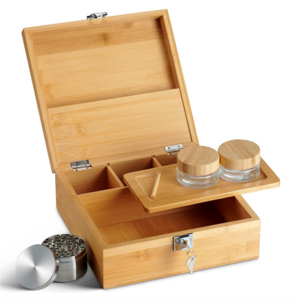 Stash Box with Lock and Accessories Set Herb Grinder Smell Proof Glass Jars Rolling Tray Poking Tool Wooden Bamboo Locking