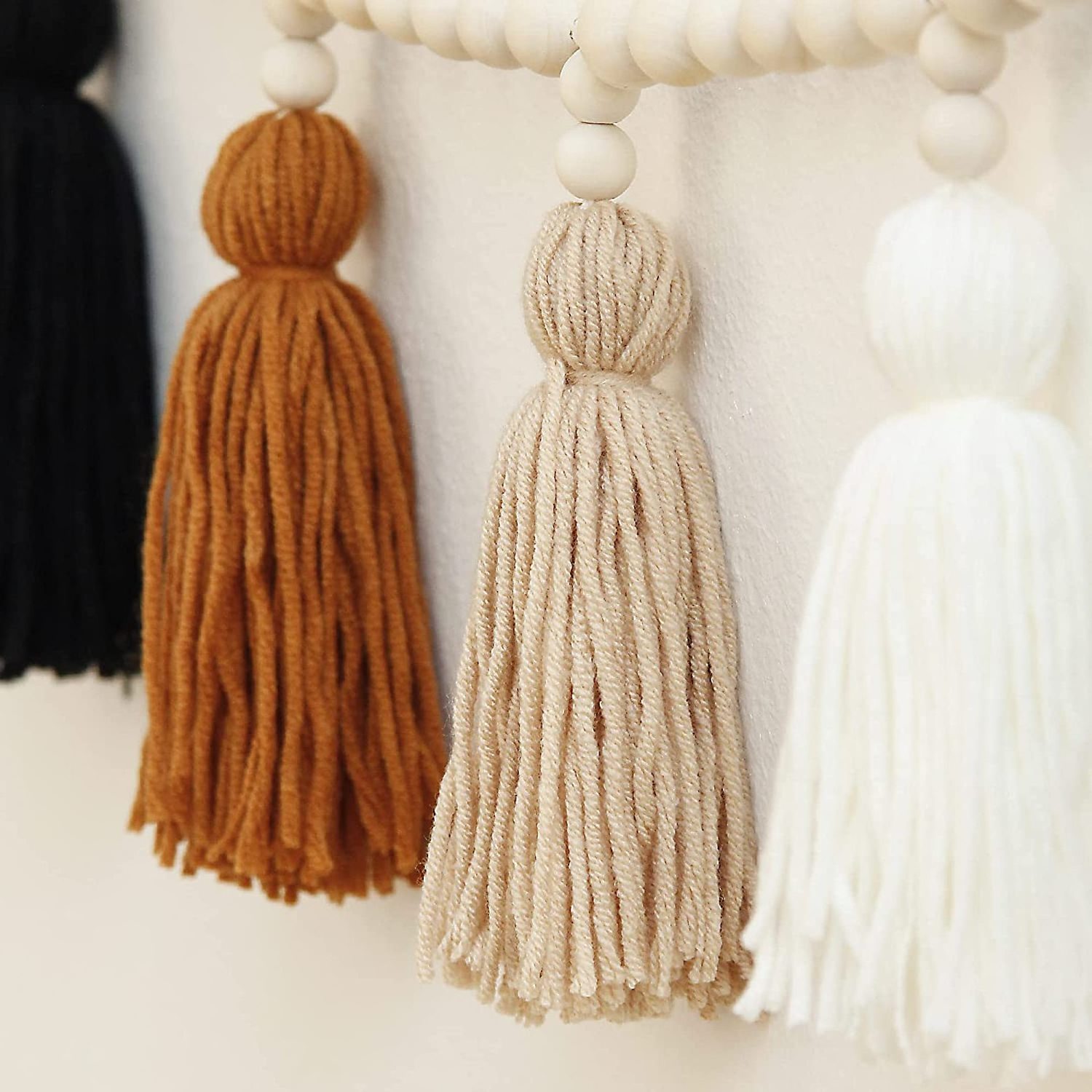 Boho Macrame Wall Hanging Decor for Bedroom, Nursery, Play Room, Baby Shower, Wood Bead Garland with Tassels