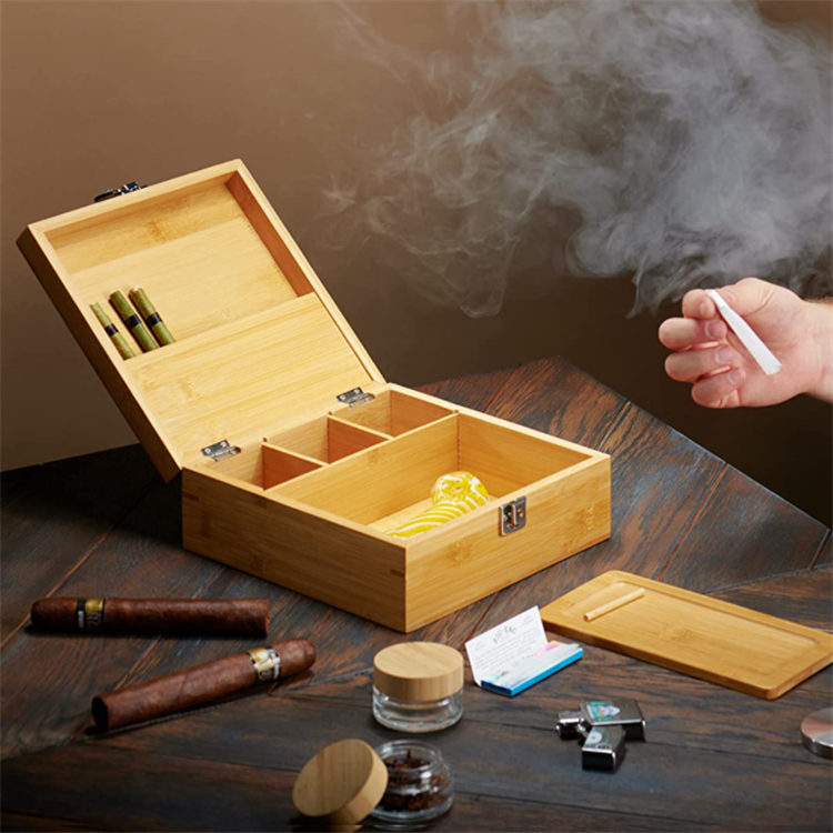 Stash Box with Lock and Accessories Set Herb Grinder Smell Proof Glass Jars Rolling Tray Poking Tool Wooden Bamboo Locking