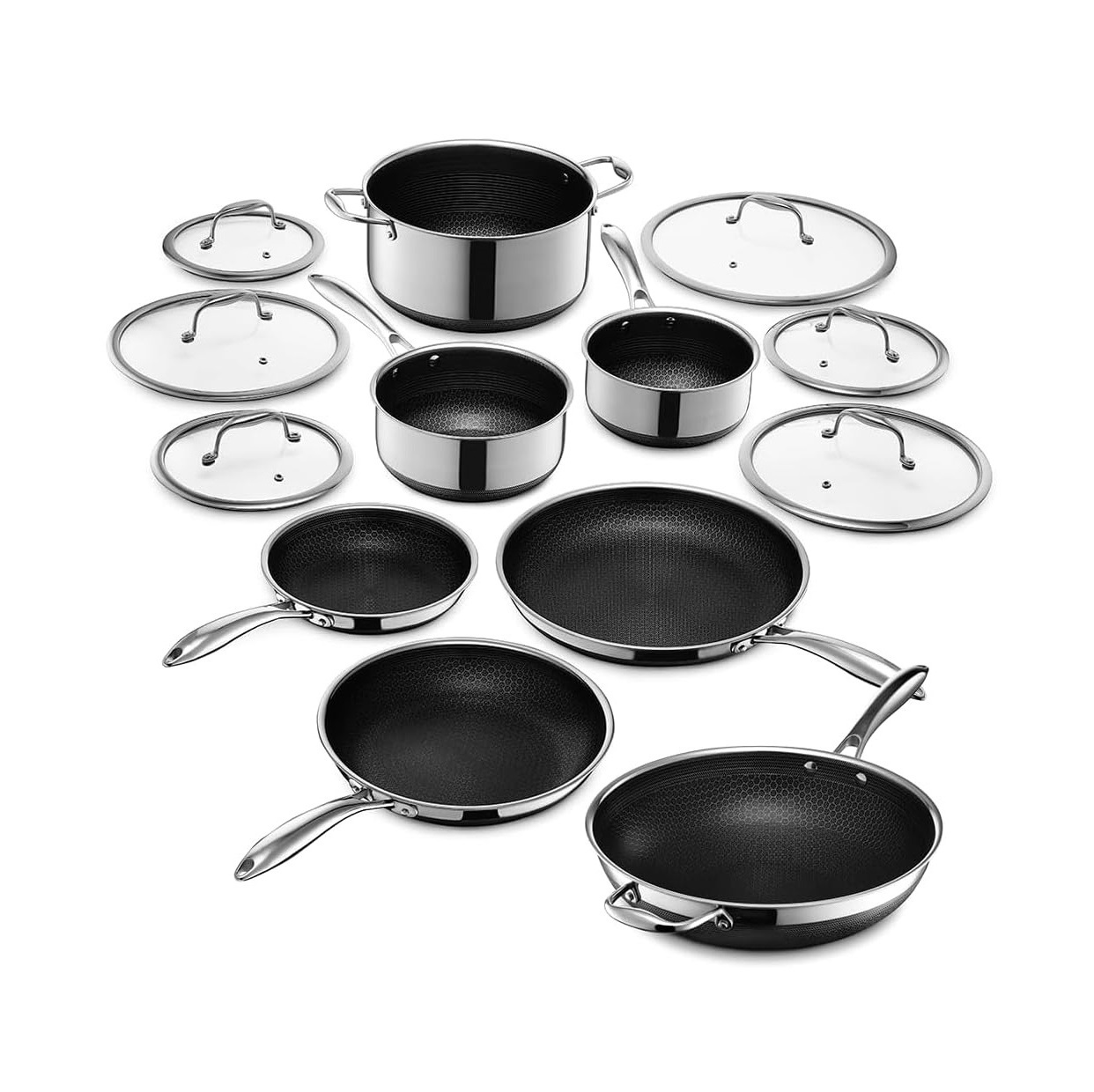 13 pc HexClad Hybrid Cookware Set w/ Lids Stainless Steel Wok Kitchenware 3-ply Stainless Steel Honeycomb Non Stick Wok Pan