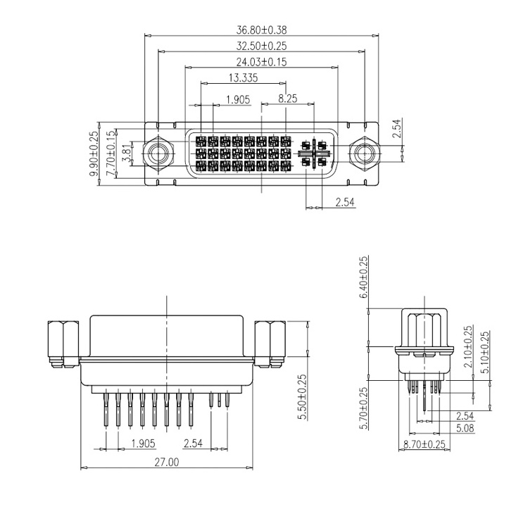 180 Degree Solder Type DVI 29P(24+5P) Female Socket Connector